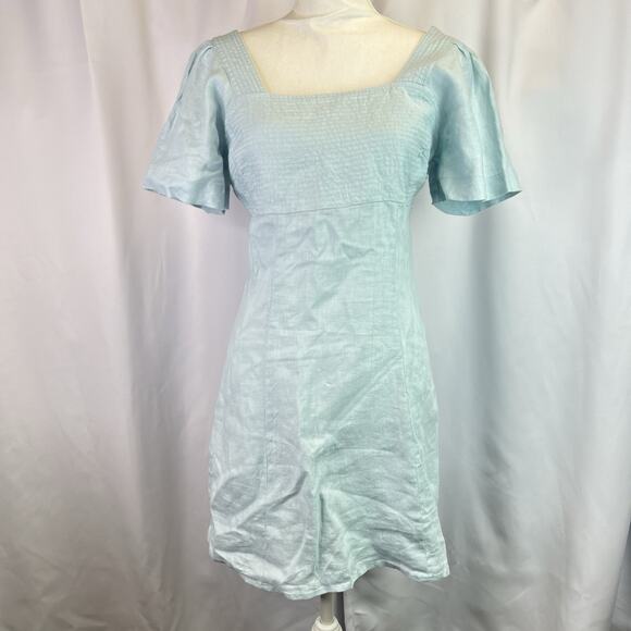 Madewell Square Neck Mini Dress 100% Linen Women sz 4 Blue Smocked Open Back - Picture 13 of 13